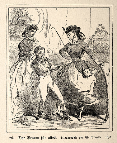 Vintage illustration Cartoon, A groom for everything, Man tightening a womans belt, 1850s, 19th Century