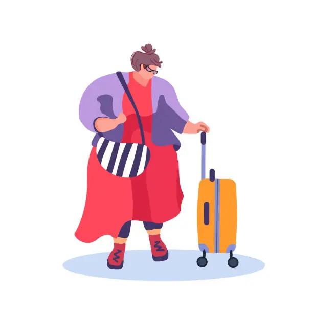 Vector illustration of Large woman with a suitcase on wheels. Cartoon character girl in a red dress and glasses. Fashion for overweight women. vector illustration