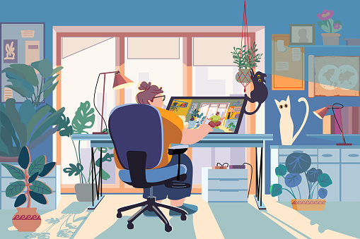 Fat woman working on a laptop while sitting at the table in a cozy interior. Adult or young programmer guy employee or student, wearing casual plus size wear. Vector flat style cartoon illustration