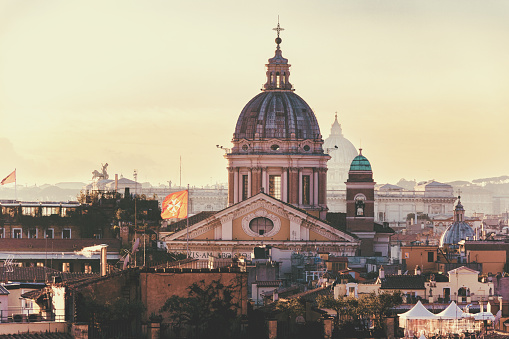 Basilica San Carlo al Corso in Rome. View from top of Spanish Steps. Roof top. Rome, Italy