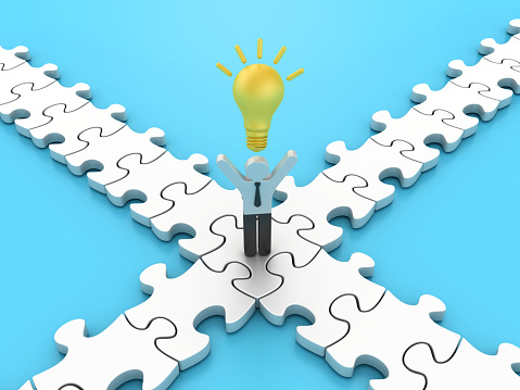 Light Bulb with Puzzle and Pictogram Business Person - Color Background - 3D Rendering