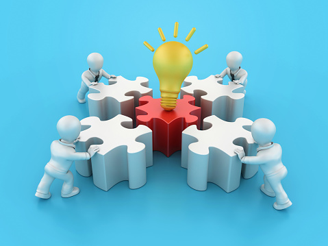 Light Bulb with Puzzle and Cartoon Business People - Color Background - 3D Rendering