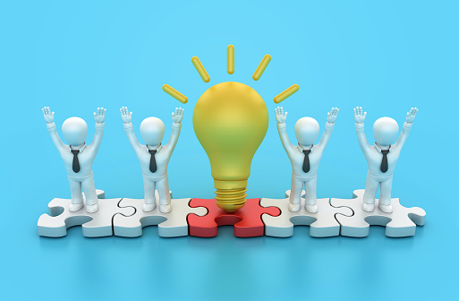 Light Bulb with Puzzle and Cartoon Business People - Color Background - 3D Rendering