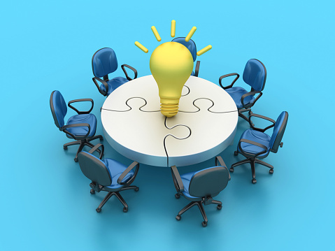 Light Bulb with Puzzle Table and Chairs - Color Background - 3D Rendering