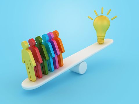 Light Bulb with Pictogram People on Seesaw - Color Background - 3D Rendering