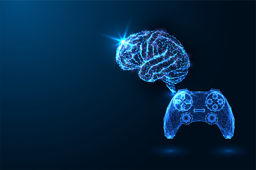 Neurogaming, advanced technology, cognitive prowess, and immersive gaming experiences futuristic concept in glowing polygonal style on dark blue background. Modern abstract design vector illustration.