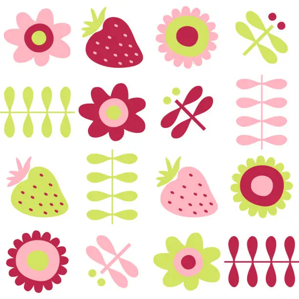 Vector illustration of Hippie aesthetic pattern with daisy flowers, strawberries and dragonflies. Psychedelic print for paper, textile and fabric. Hand drawn geometric vector background.