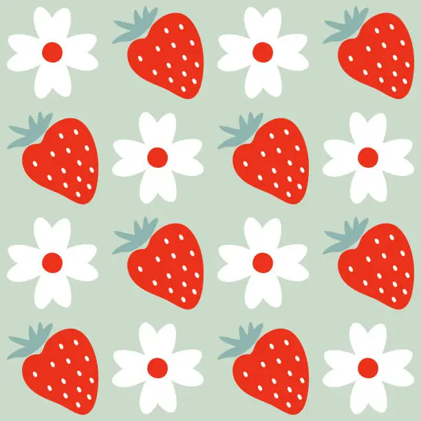 Vector illustration of Simple summer pattern with flowers and strawberries. Geometric retro print for curtain, tablecloth, textile and fabric. Hand drawn vector background for decor and design.