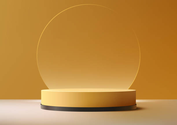 istock 3D black and yellow podium stand with circle glass backdrop is perfect for modern interior concept product display mockups 2092406745