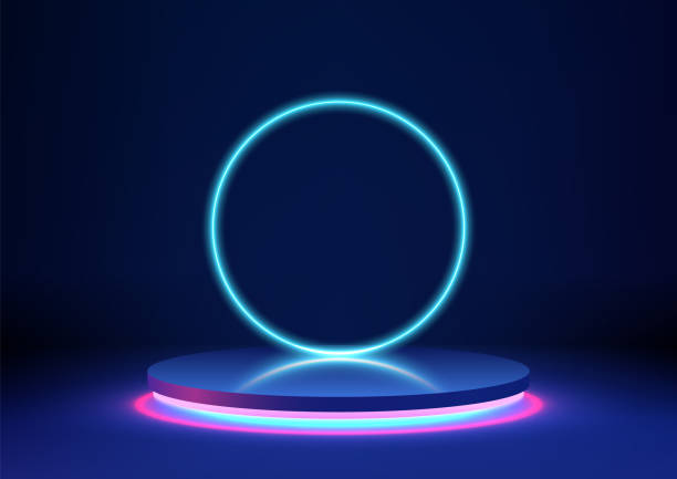 istock Showcase your product 3D blue podium on a pedestal featuring a glowing pink neon with circle neon backdrop. Ideal for showcasing technology awards or tech gadgets in a futuristic scene 2092406885