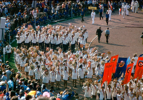 Opening of the 10th World Festival of Youth and Students 1973 in the World Youth Stadium in East Berlin with the entry of the delegations - GDR.