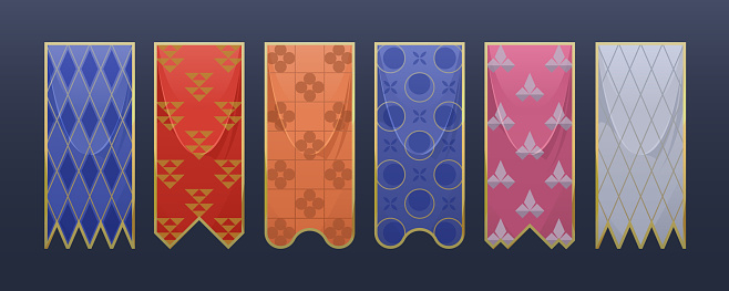 Set of vector flags. Vertical folded fabric flag in a gold frame. Medieval flag template, royal pennant. Decorative vertical flag or banner with heraldry elements. Tournament flag with a pattern.