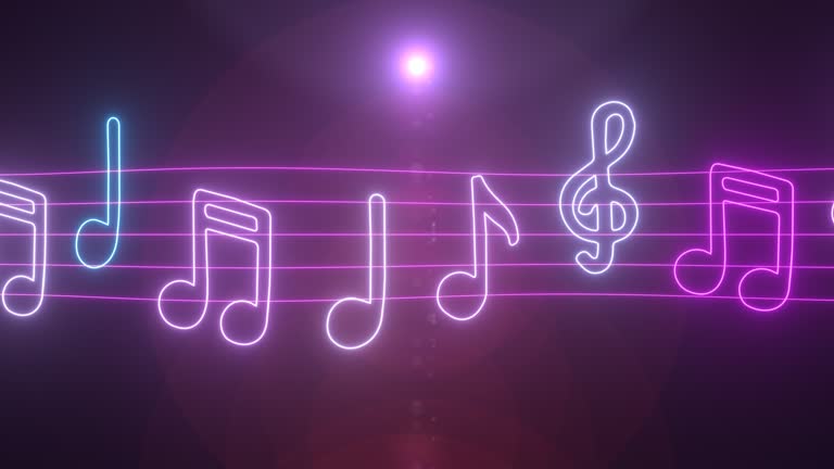 Glowing Music Notes Move Along Wavy Musical Score Sheet Lines Melody - 4K Seamless VJ Loop Motion Background Animation