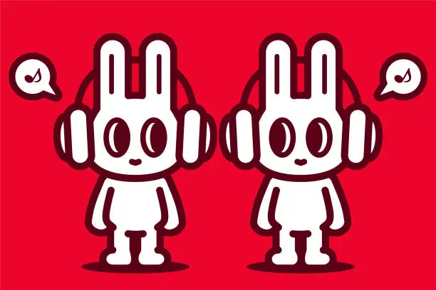 Vector illustration of Two cute bunnies wearing headsets are looking at each other