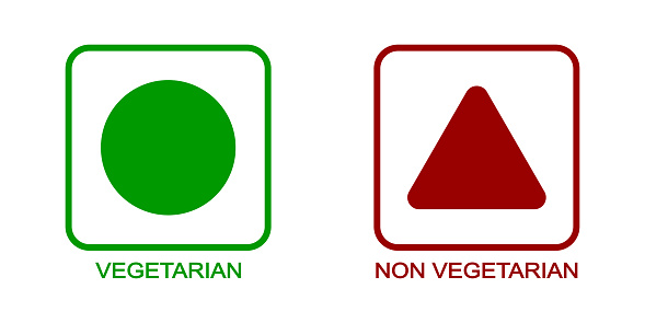 Vegetarian and non vegetarian labels. Vegan food stickers. Green circle and red triangle shapes in squares isolated on white background. Vector flat illustration.