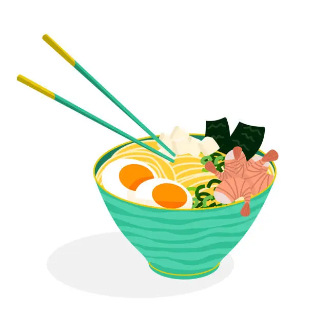 Vector illustration of Ramen flat vector isolated illustration. Bowl of hot soup with seafood, eggs, seaweed and tofu. Green plate and chopsticks. Traditional Chinese and Japanese dish.