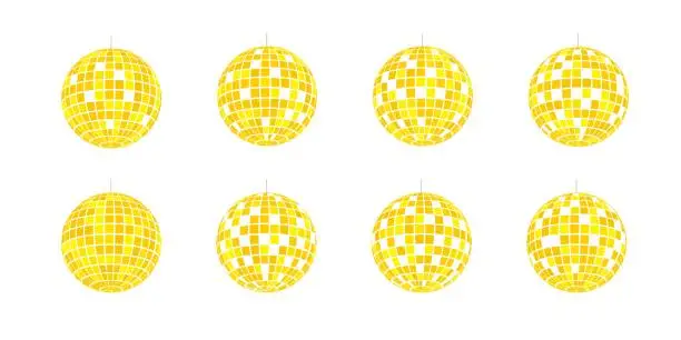 Vector illustration of Gold discoball icons. Disco party golden mirrorballs in 70s 80s 90s retro discotheque style. Shining night club globes. Nightlife, holiday, fun, celebration vintage symbols. Vector flat illustration