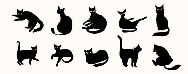 Vector illustration of Silhouette cat vector illustration set. Simple group of shapes of hand drawn pets. Poses of russian blue, british shorthair, bengal, siamese, sphynx and burmese. Friendly cute illustration.