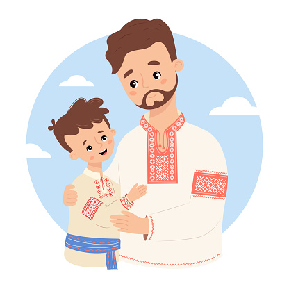 Happy Ukrainian bearded man father with son in traditional  clothes embroidered vyshyvanka. Festive nation character family. Vector illustration for design festive themes, father's day.
