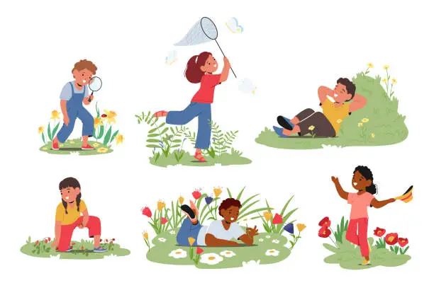 Vector illustration of Kids Springtime Activities. Children Picking Wild Berries, Catching Butterflies, Nature Walks, Learning Bugs On Meadow