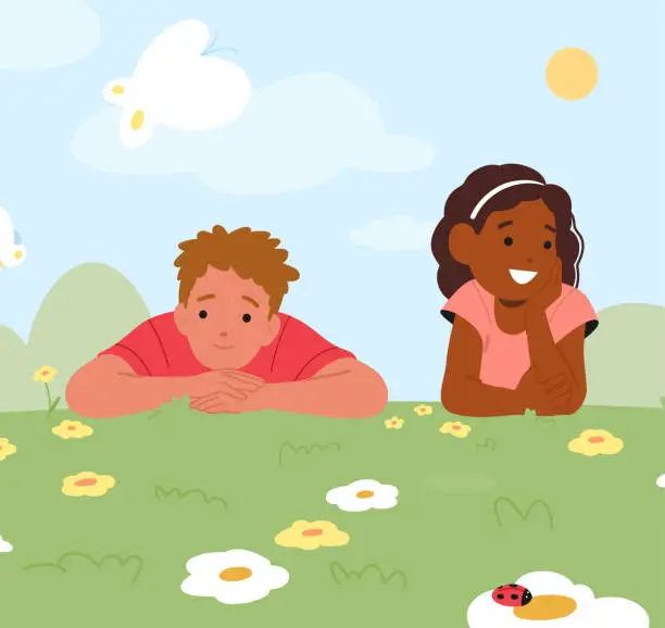 Vector illustration of Children Characters Sprawl On Lush Spring Meadow, Giggling Amid Daisies And Clover, Soaking Up Sun Warmth