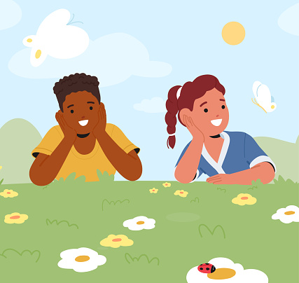 Children Friends Sprawl Joyously Across Verdant Spring Meadow, Their Laughter Mingling With The Whisper Of Fresh Grass, Embodying The Spirit Of Youthful Bliss And Freedom. Cartoon Vector Illustration