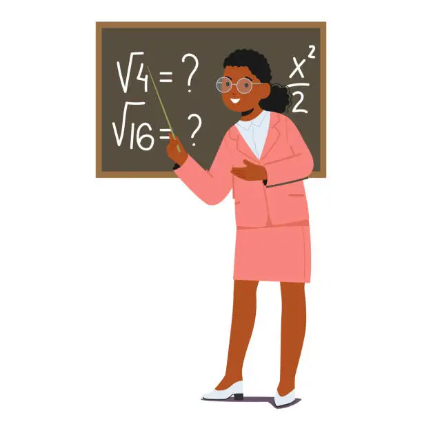Vector illustration of Little Girl with a Pointer Imagine herself Teacher Conducting Lesson. Kid Wear Dress and Glasses Explain Algebra