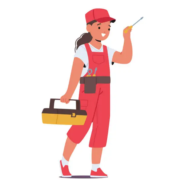 Vector illustration of Young Girl Dons A Handyman Costume, Complete With A Toolbox and Screwdriver In Hand. Child Choose Future Profession