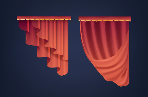 Bold, Velvety Red Theater Curtains Cascade From Above, Framing The Anticipation Of The Drama Theatre Hall Stage, Captivating Audiences With Theatrical Allure. Realistic 3d Vector Illustration