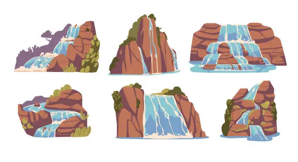 Vector illustration of Cartoon Waterfalls And Water Cascades Vector Set. Game Assets, Falling Streams, Pure Liquid Jets. River Fall From Rock