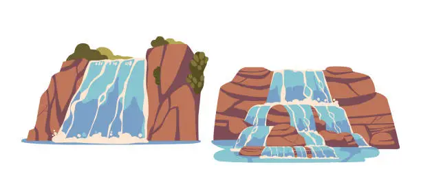 Vector illustration of Cartoon Waterfall And Water Cascade With Green Foliage And Rocks. Isolated Vector Fresh Aqua Streams Falling Down