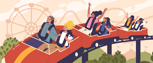 Characters On Roller Coaster Rides Exhibit Mix Of Exhilaration And Terror, With Wide Eyes, Raised Arms And Open Mouths, They Experience Steep Drops And Fast Turns. Cartoon People Vector Illustration