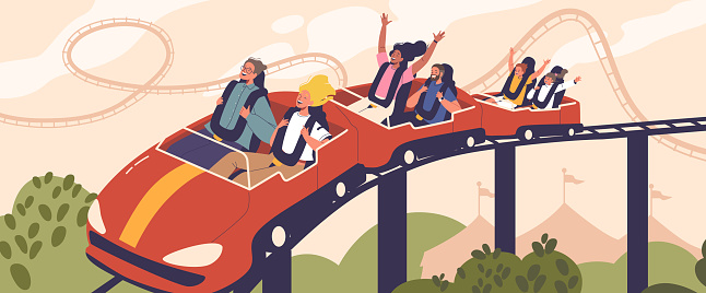 Thrilled Riders, Arms Raised, Scream With Excitement And Fear As They Plummet And Twist On The Roller Coaster Vertiginous Track, Faces Contorted In Exhilarating Joy. Cartoon People Vector Illustration