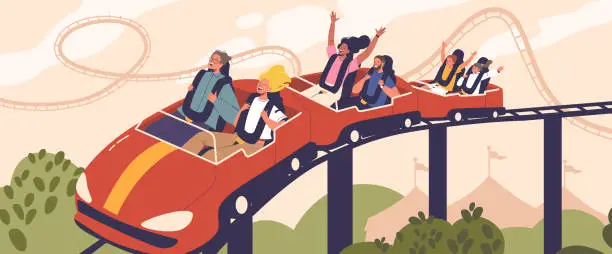 Vector illustration of Thrilled Riders, Arms Raised, Scream With Excitement And Fear As They Plummet And Twist On The Roller Coaster Track