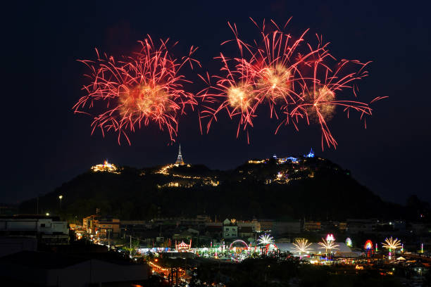 big firework over the city stock photo