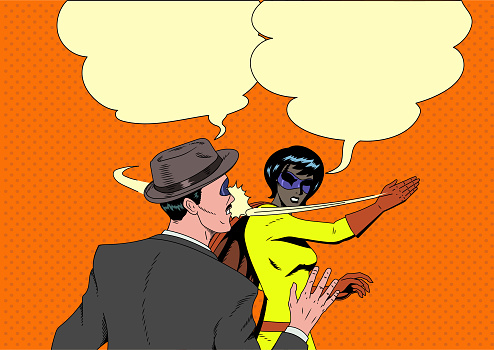 A retro pop art style vector illustration of a masked female African American superhero slapping a masked man. Speech bubble available for your text, perfect for a meme.