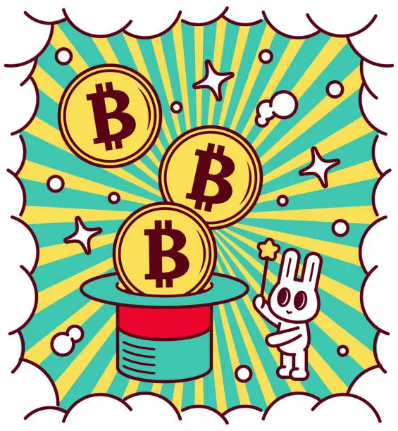 Vector illustration of A cute bunny waving a magic wand, Money popping out of a big magic hat