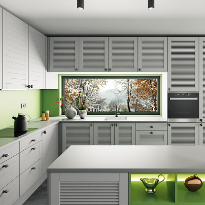 Modern and minimalist apartment interior kitchen. Kitchen with island. White materials with green details finish. Modern furniture. 3d renderings.