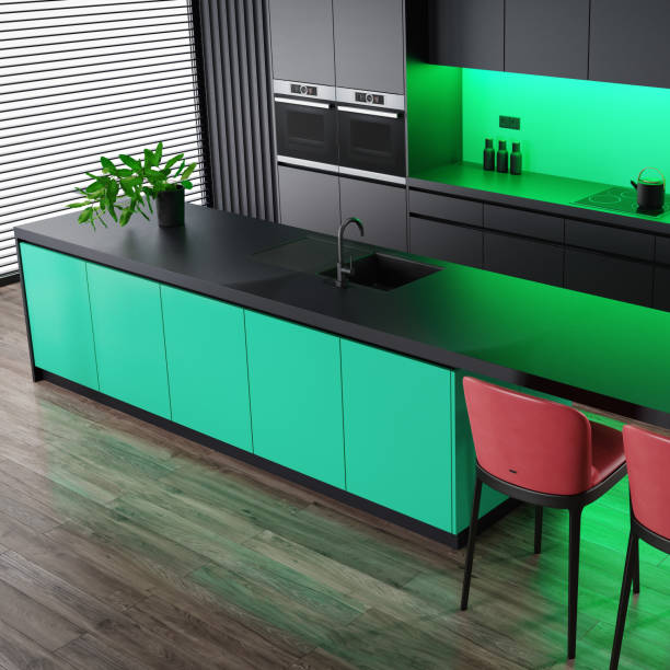 istock Black Modern minimalist kitchen with long island. Dark materials. 2092555446