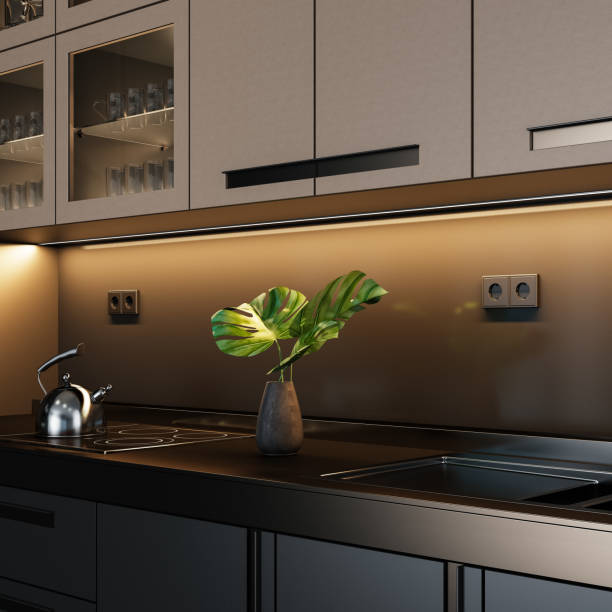 istock Black Modern minimalist kitchen with beige details. Dark materials. 2092556980