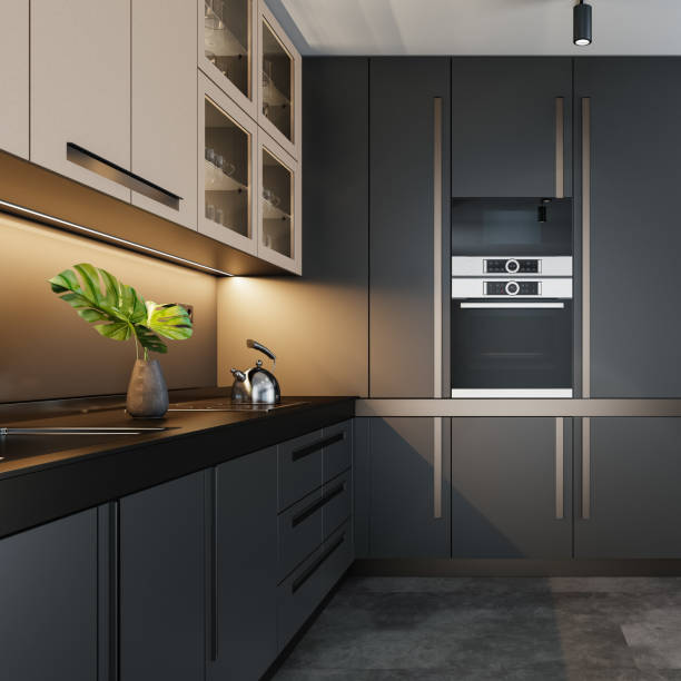 istock Black Modern minimalist kitchen with beige details. Dark materials. 2092556993