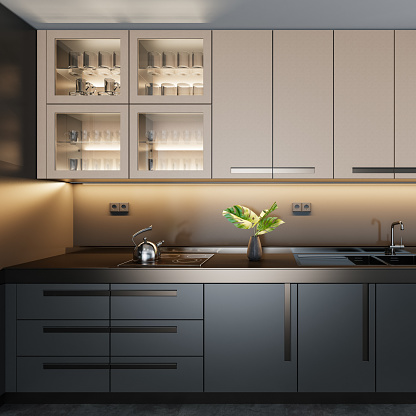 Modern and minimalist apartment interior kitchen. Kitchen on two walls. Dark materials with beige details finish. Modern furniture. 3d renderings.