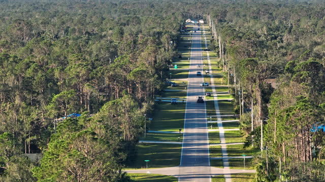 Rural road traffic in American small town in Florida with private homes between green trees and suburban streets in quiet residential area