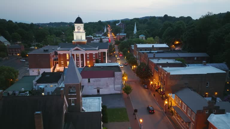 Historic small town of Jonesborough in Tennessee. Illuminated Main Street with old American architecture at night