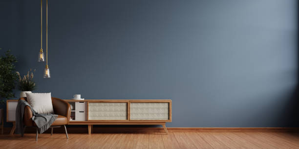 istock Living room with leather armchair on empty dark blue wall background 2092588229