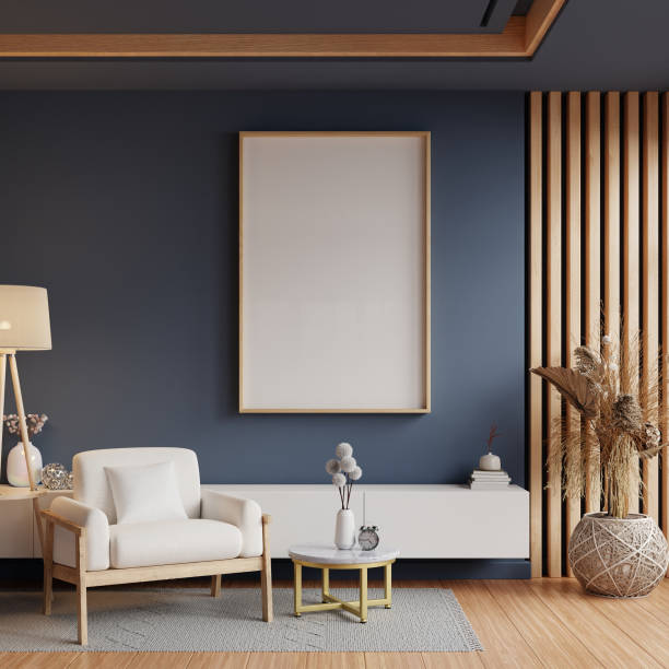 istock Poster mockup with vertical frames on empty dark blue wall in living room interior 2092588234