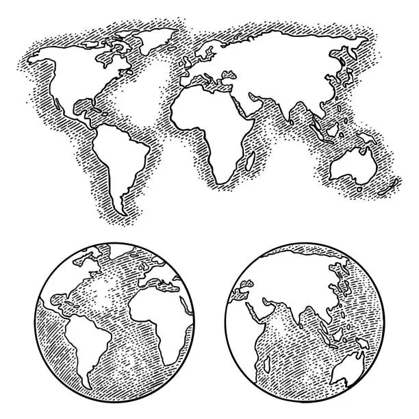 Vector illustration of Earth planet globe and map. Vector black vintage engraving illustration