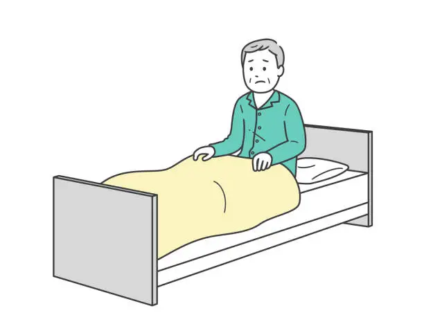 Vector illustration of An elderly man in poor health in pajamas getting out of bed and a nursing care bed