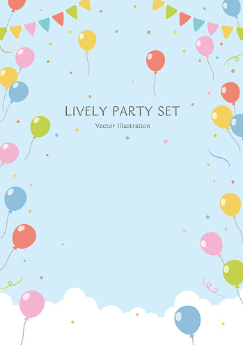 Balloons, garland and confetti dancing in the refreshing blue sky. lively party set
