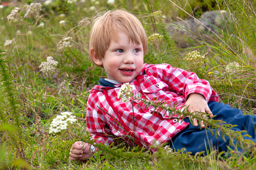 A young boy with light hair is lying on the grass, surrounded by wildflowers, wearing a red plaid shirt and navy blue pants. He looks to his side with a smile, showing enjoyment of the natural landscape during what appears to be late spring or early summer.